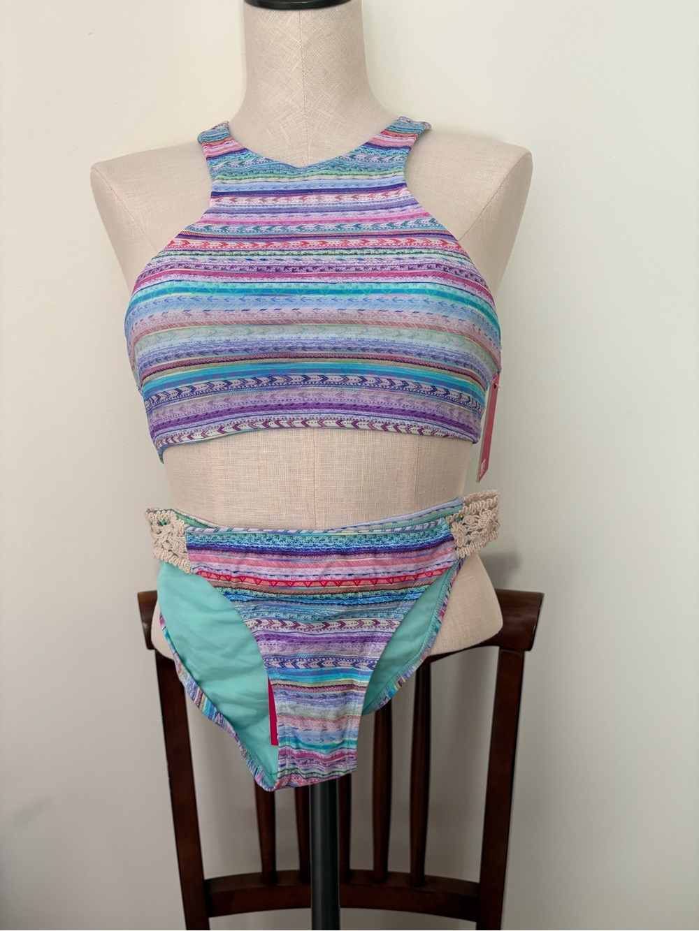 Womans Multicolor Striped High-Neck Two-Piece One-Piece Swim Set